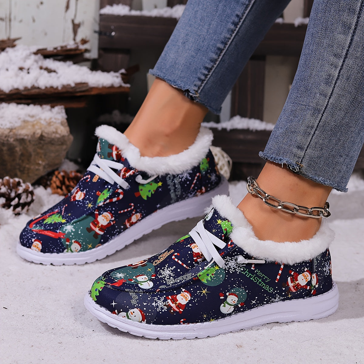 Women's Winter Christmas Snow Boots with Snowflakes Snowmen Santa Claus Pattern