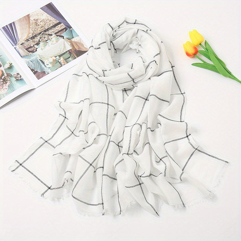 Plaid Print Voile Scarf Solid Casual Headscarf Women Windproof Head Wrap