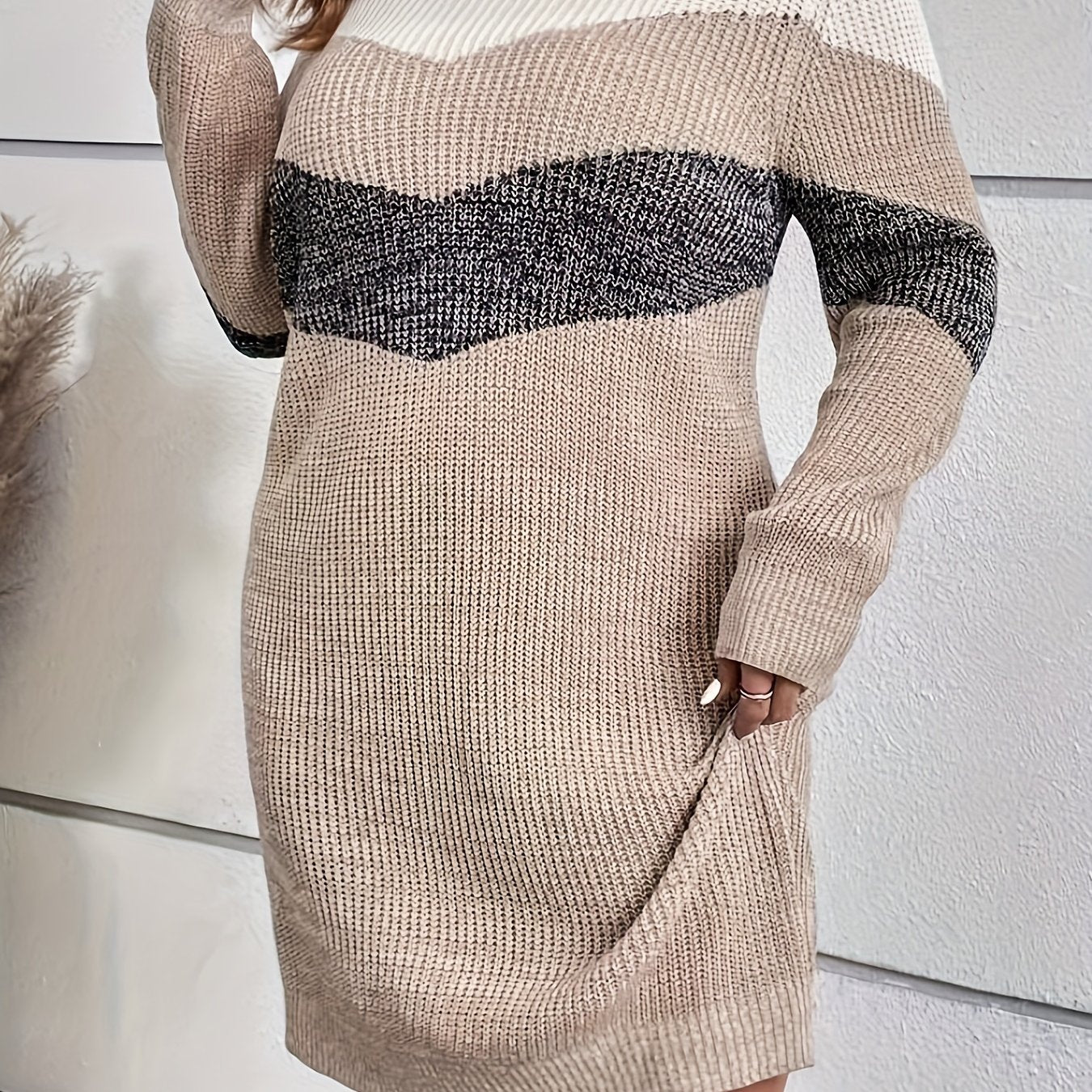  Colorblock Crew Neck Midi Sweater Dress