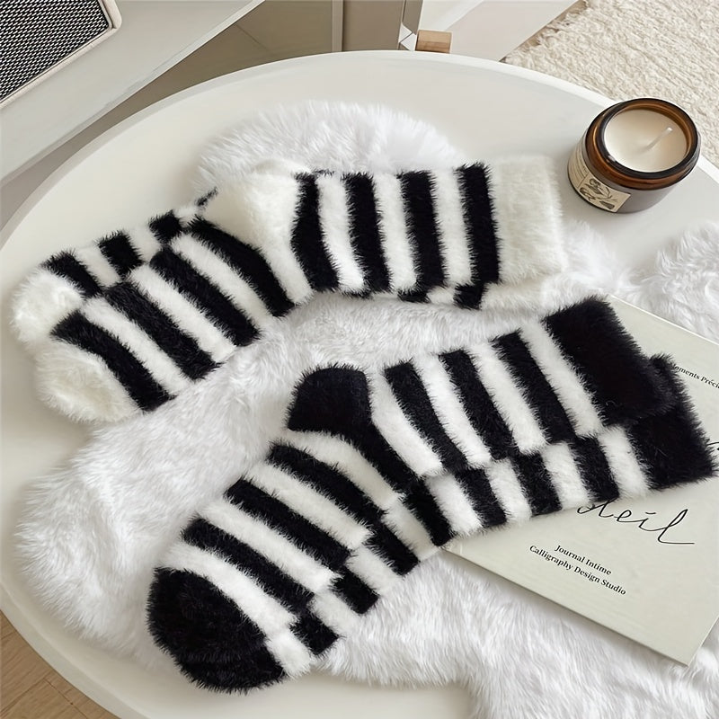 2 Pairs Striped Fuzzy Socks Women's Mid Tube Stockings