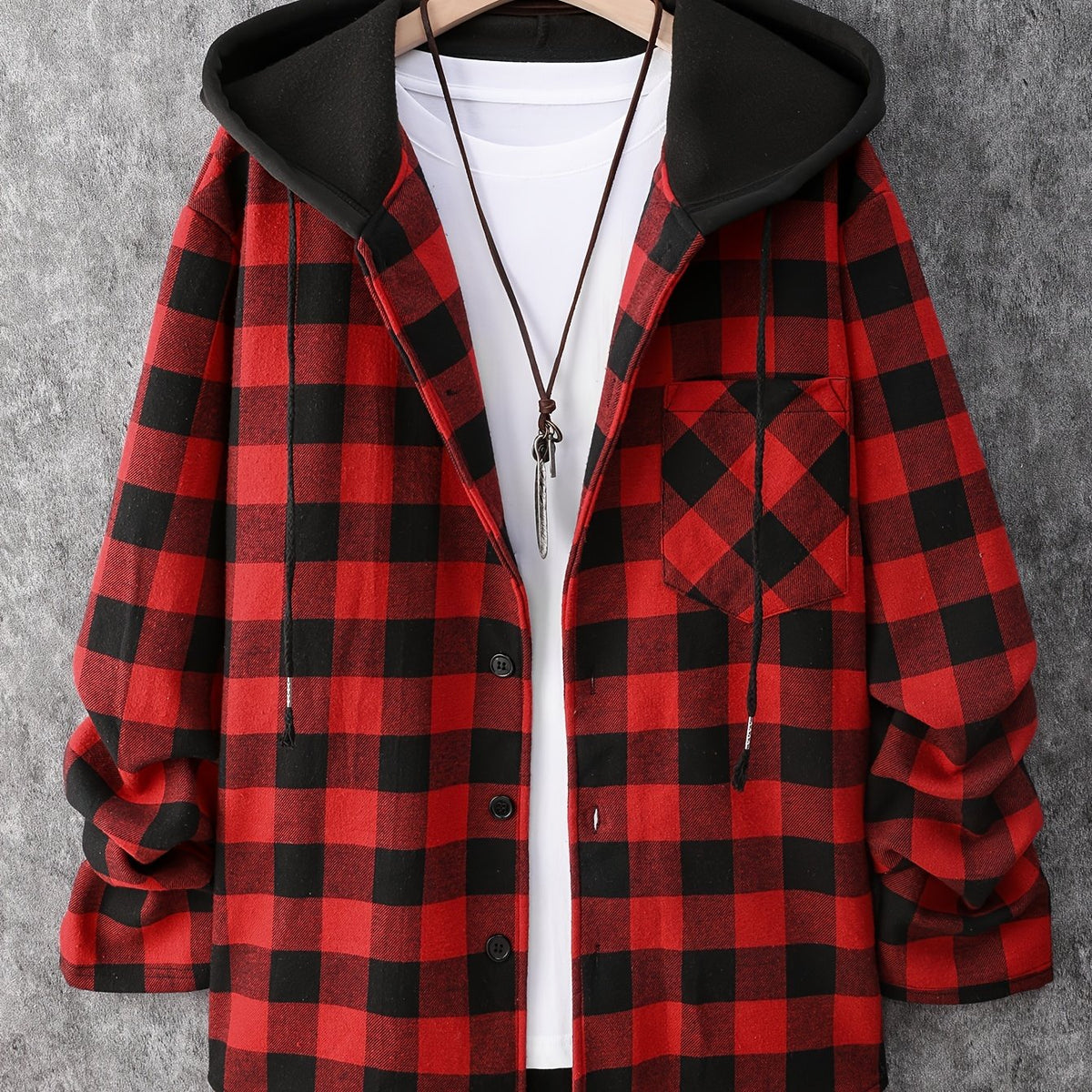 Men's Plaid Hooded Shirt Jacket Long Sleeve Regular Fit Coat