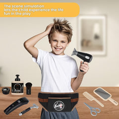 Kids Barber Shop Pretend Play Set with 10 Styling Tools & Portable Waist Bag