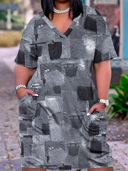 Plus Denim Print V-Neck Short Sleeve Dress with Pockets