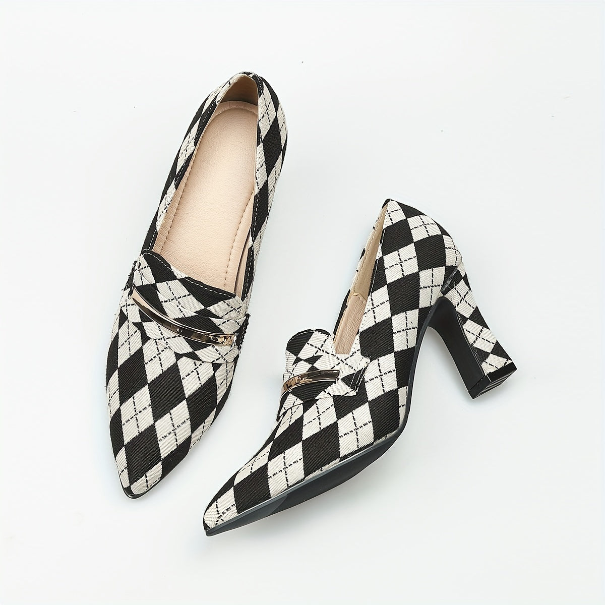 Women's Argyle Pattern Pumps Chunky Heels Slip On