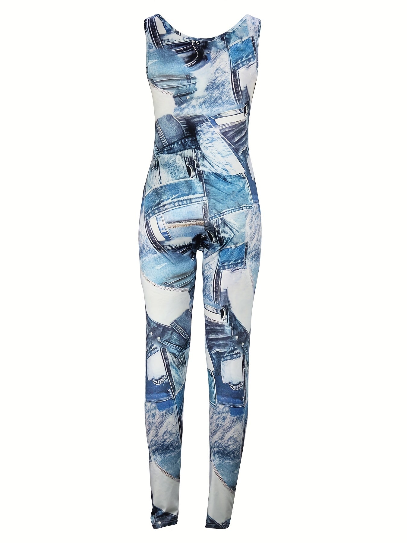 Denim Print Slim Tank Jumpsuit Casual Sleeveless Jumpsuit