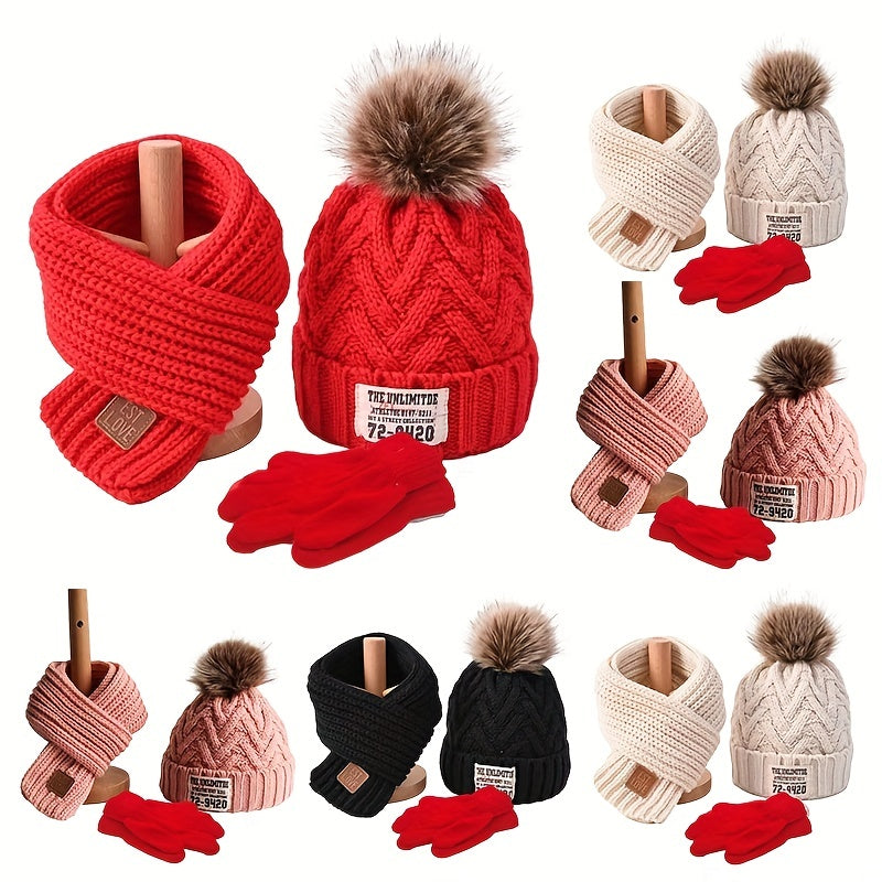 Kids 3pcs Set Plus Velvet Knitted Hat Scarf Gloves
