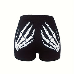  Halloween Skull Print High Rise Skinny Shorts