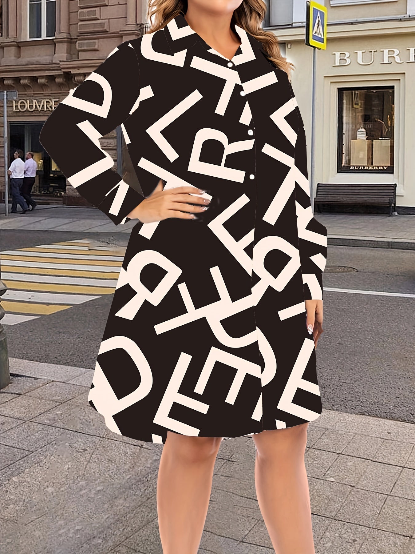  Casual Dress Women's Plus Letter Print Button Up Long Sleeve Shirt Dre