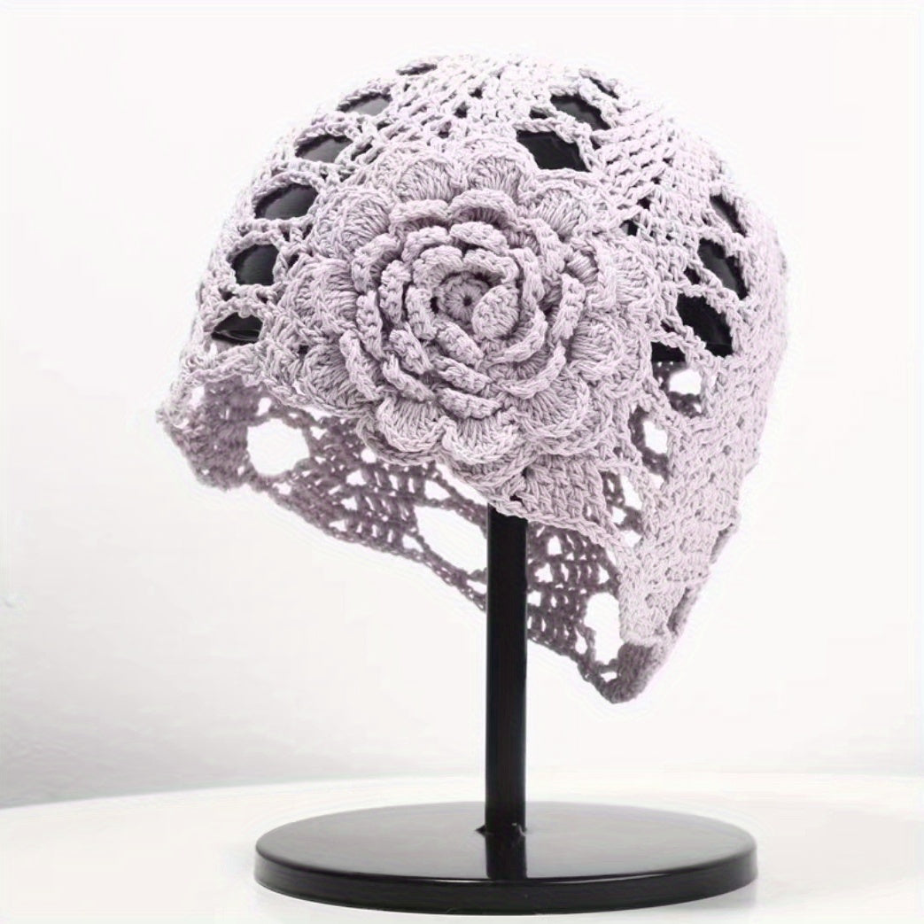 Flower Hollow Crochet Beanie Knit Hat Women Cloche Hats Skull Cap