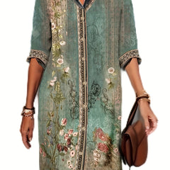  Floral Geometric Print Long Sleeve Shirt Dress