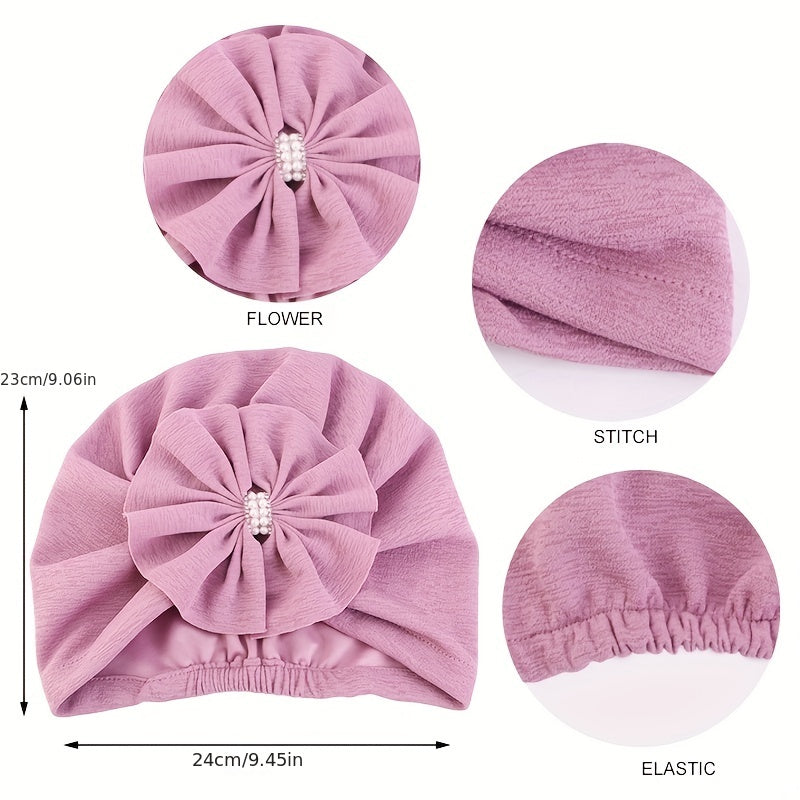 Rhinestone Bow Decor Turban Cap Solid Pleated Hijab Head Wrap