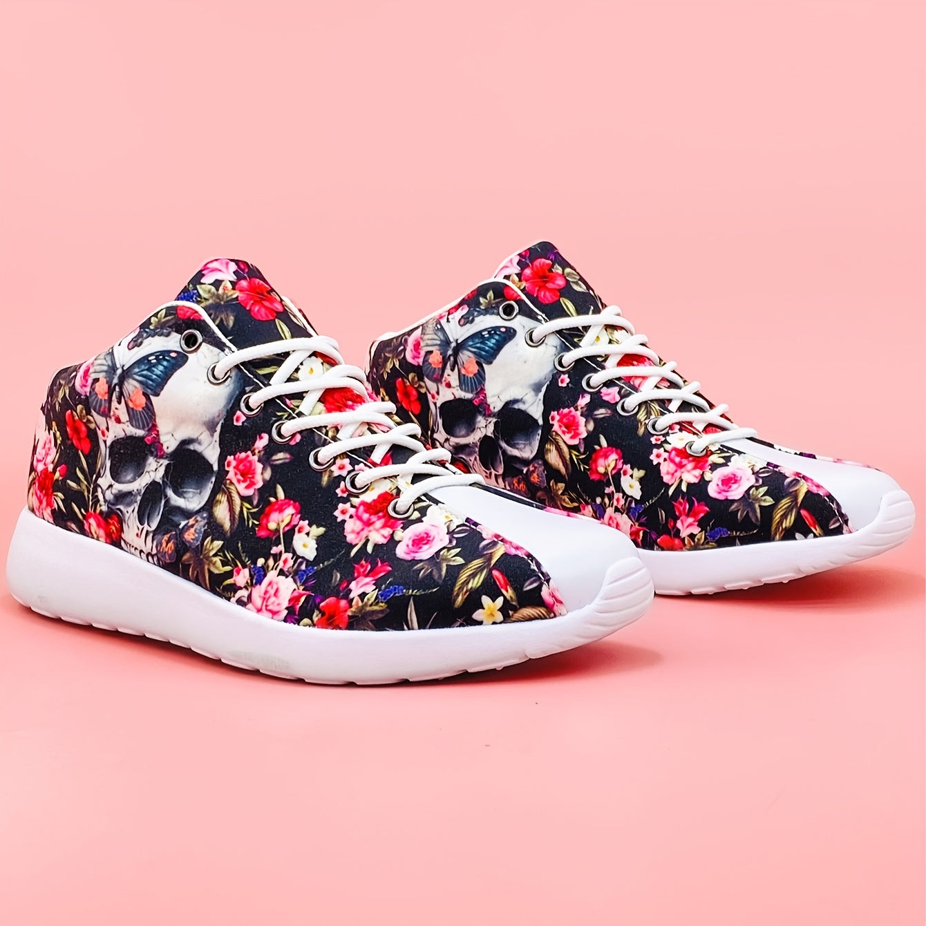 Halloween Flower & Skull High Top Running Shoes Lightweight Breathable Sneakers