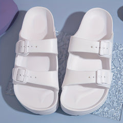 Women's Platform Footbed Sandals Double Buckle Slides Thick Bottom Slippers