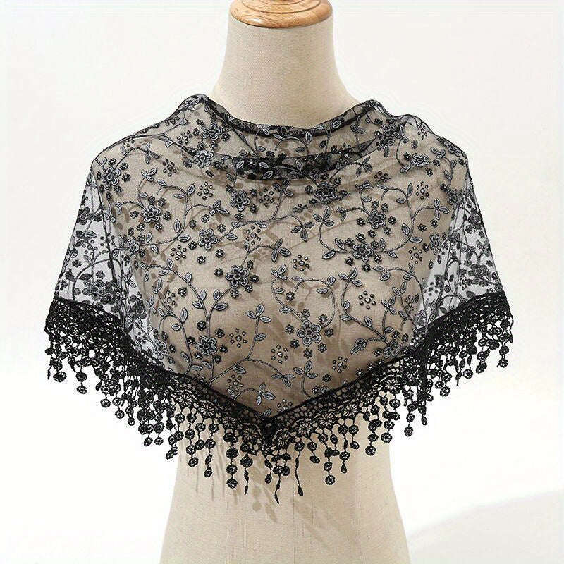 Floral Embroidery Triangle Scarf Lace Tassel Head Wrap