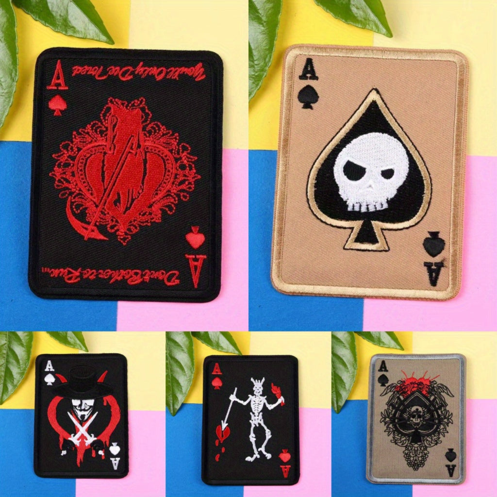 5pcs Skull Playing Card Patches - Embroidered Iron On Appliques
