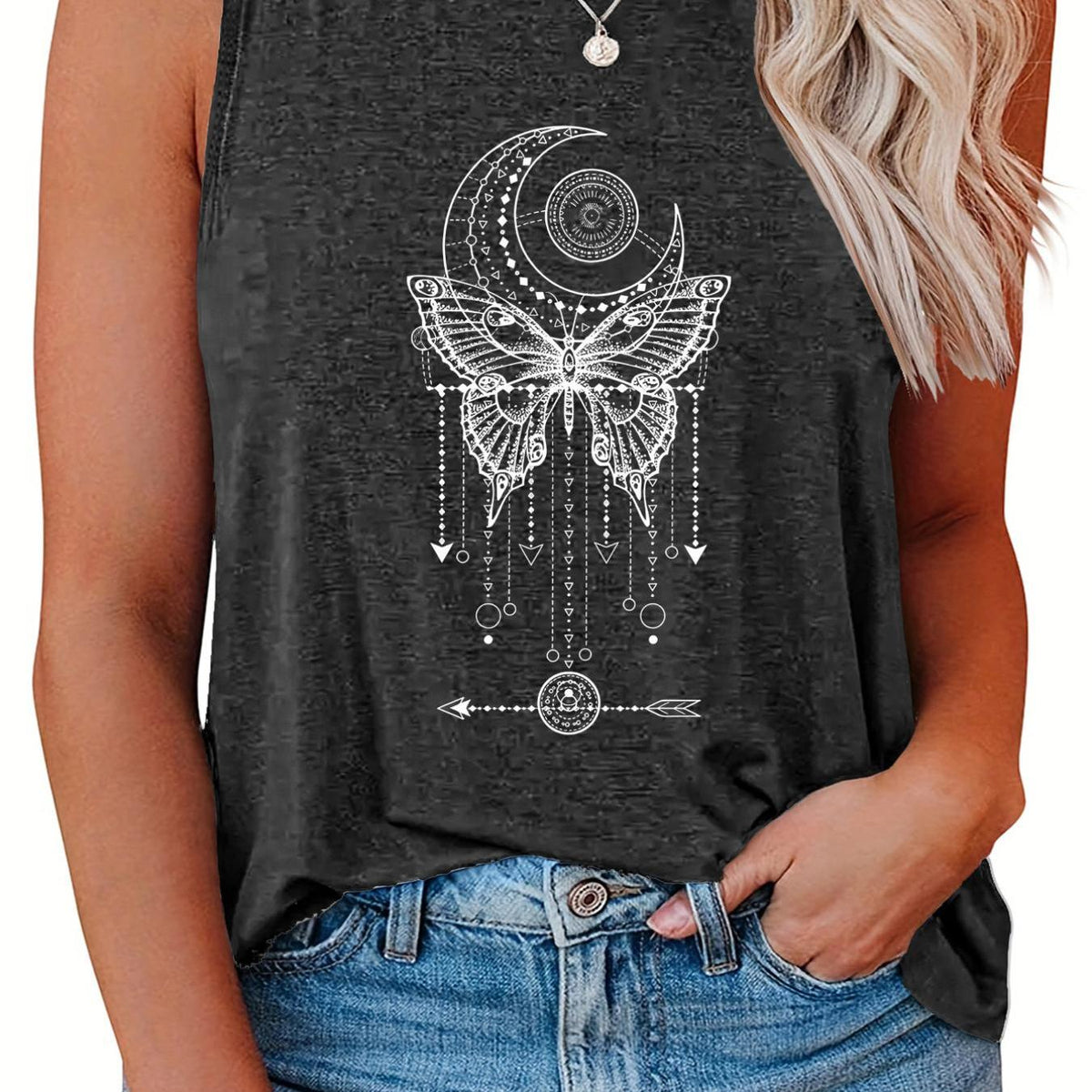  Butterfly & Moon Print Round Neck Tank Top