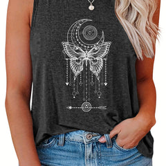  Butterfly & Moon Print Round Neck Tank Top