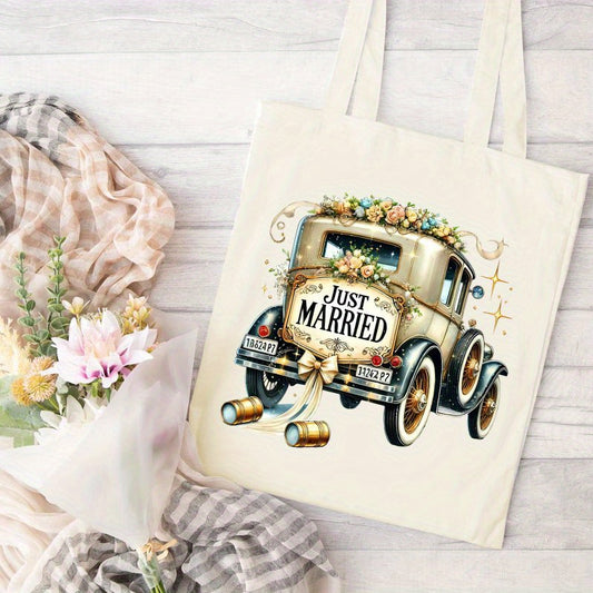 Vintage Wedding Truck Print Canvas Tote Bag