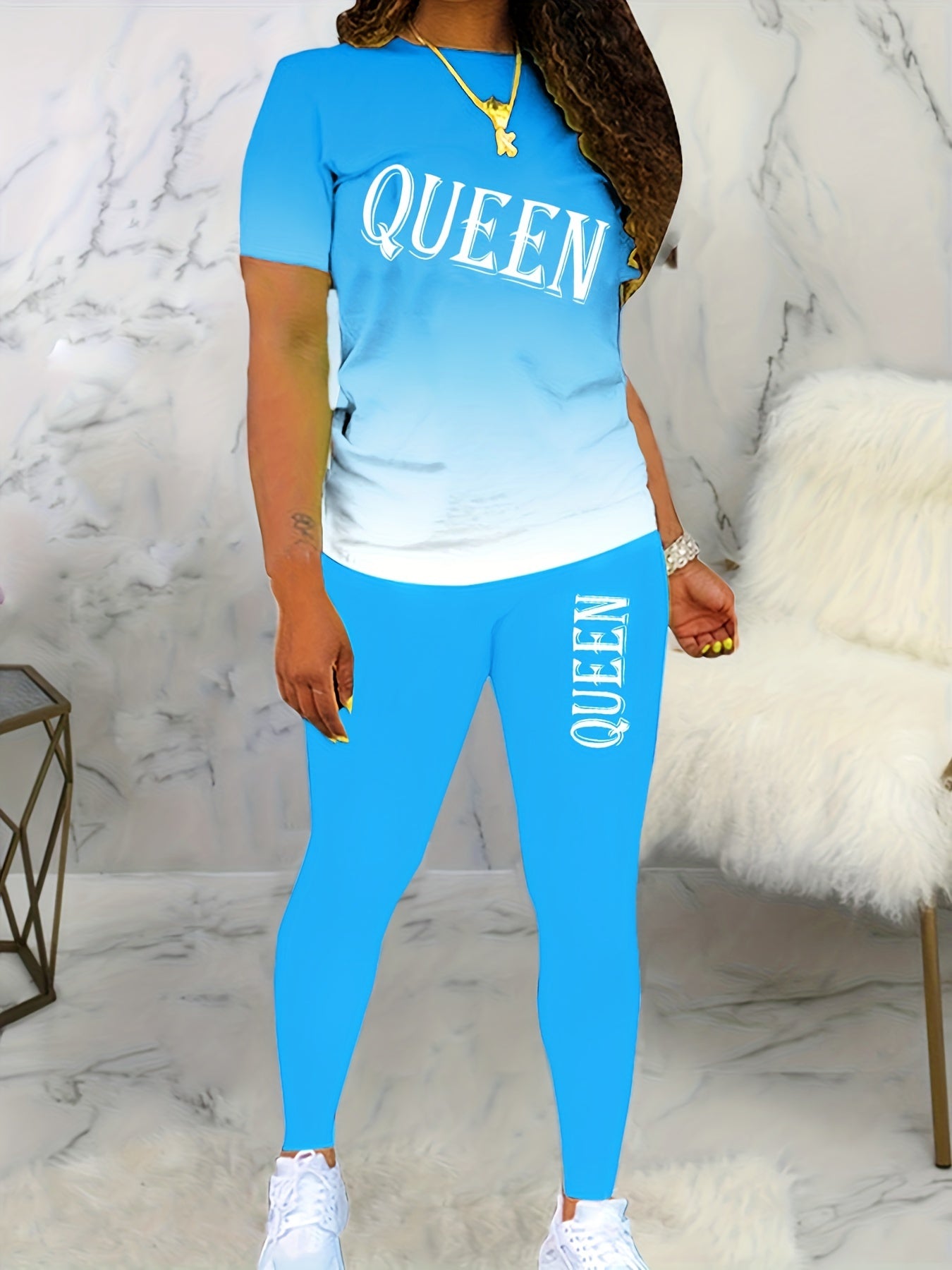 Plus Size Ombre Letter Print Crew Neck Top & Leggings Set