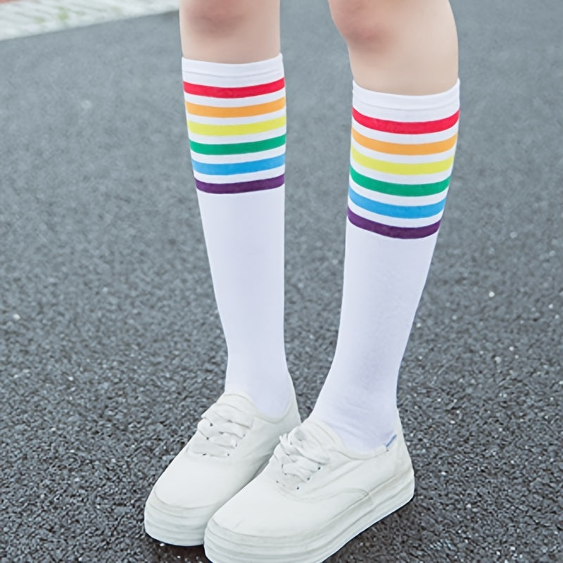 Rainbow Striped Calf Socks Harajuku College Style Knee High Socks Women