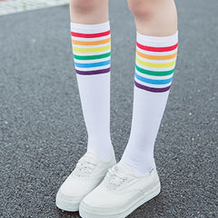 Rainbow Striped Calf Socks Harajuku College Style Knee High Socks Women