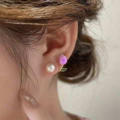 Purple Tulip Flower Pearl Stud Earrings