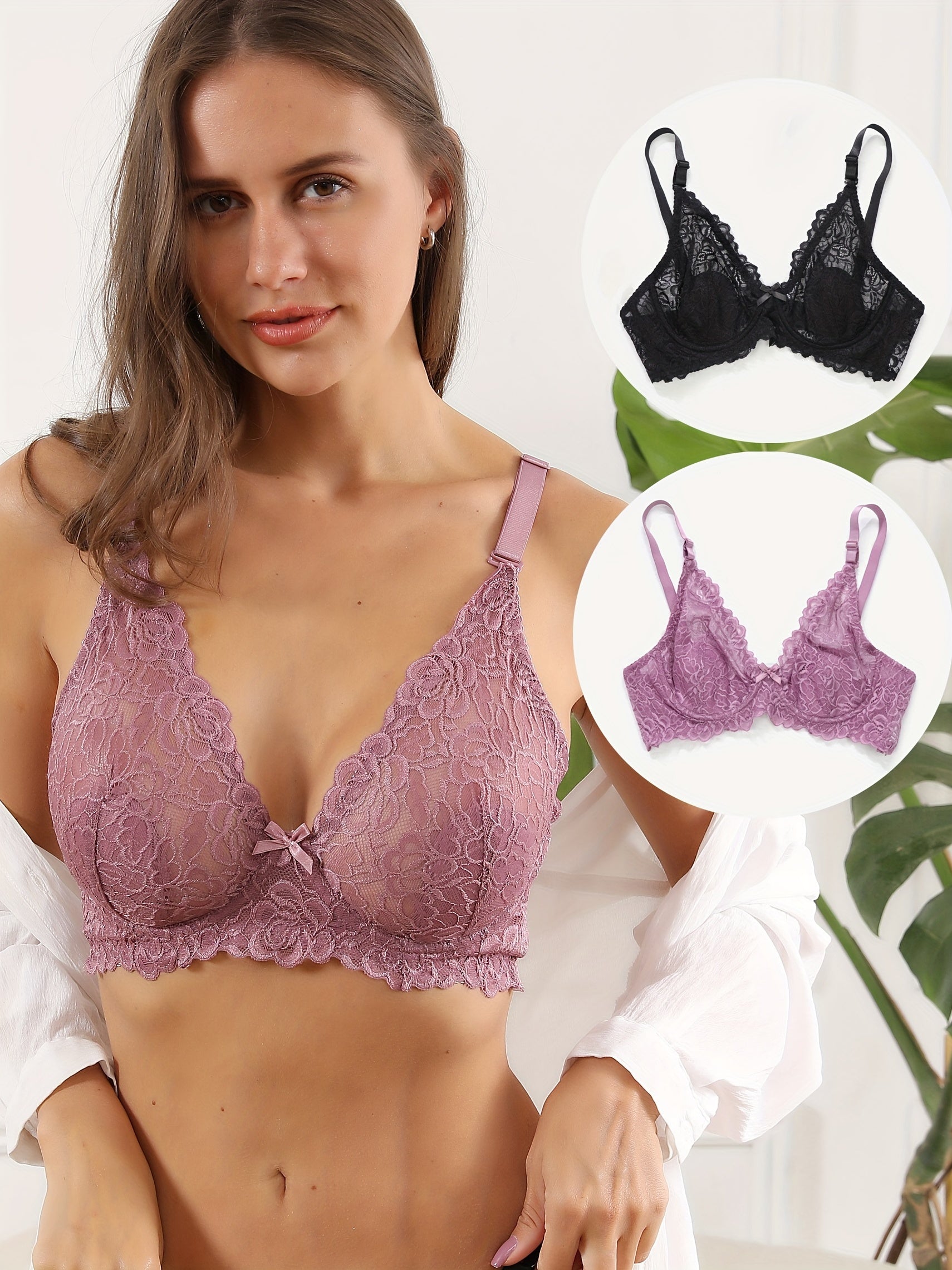 2pcs Lace Wireless Bras Ultra thin Breathable Everyday Bra Women's Lingerie