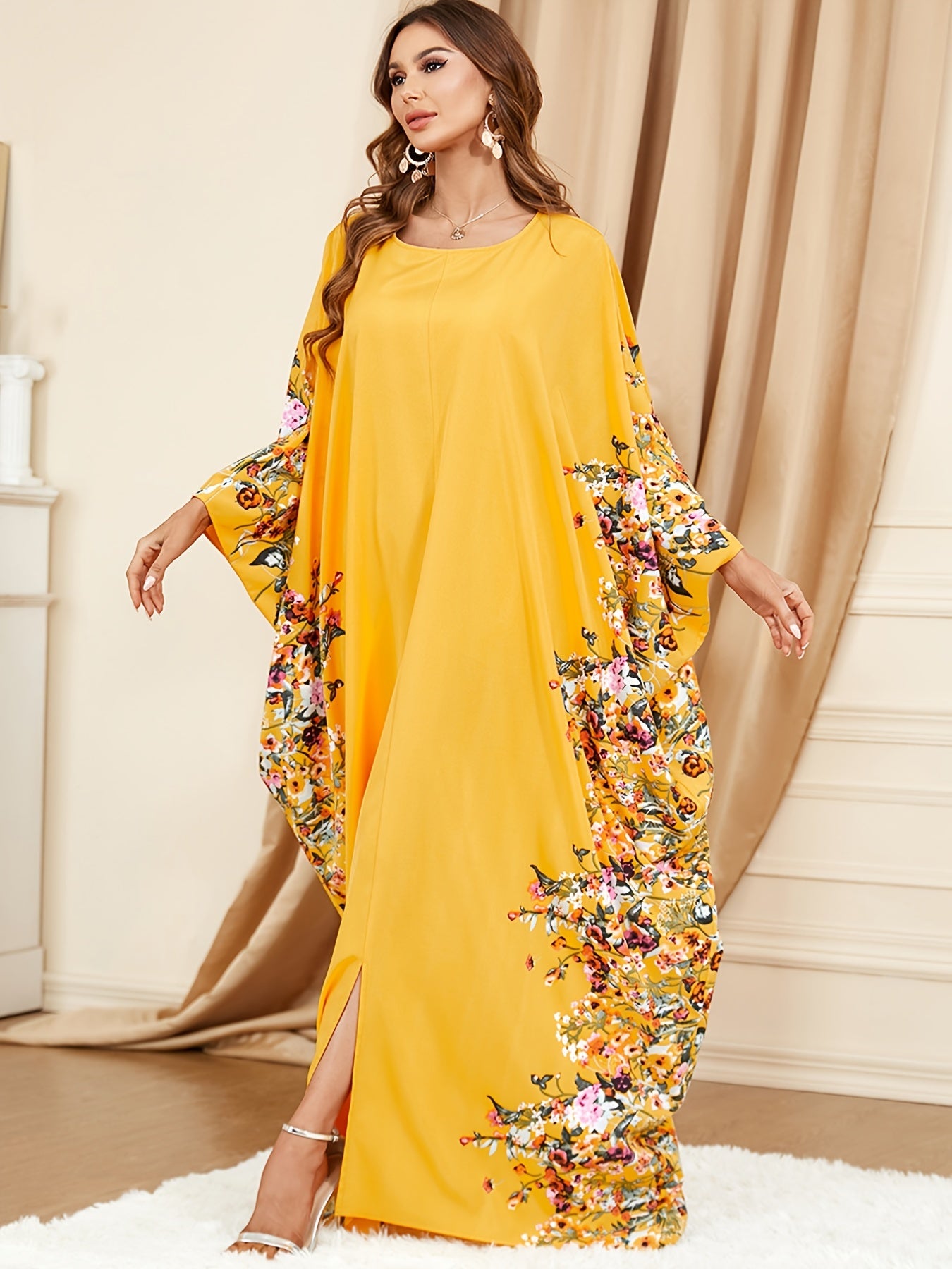  Floral Print Party Abaya Dress with Split Kaftan Design