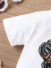 2pcs Baby Girls Leopard & Figure Print Tee Top & Shorts Set