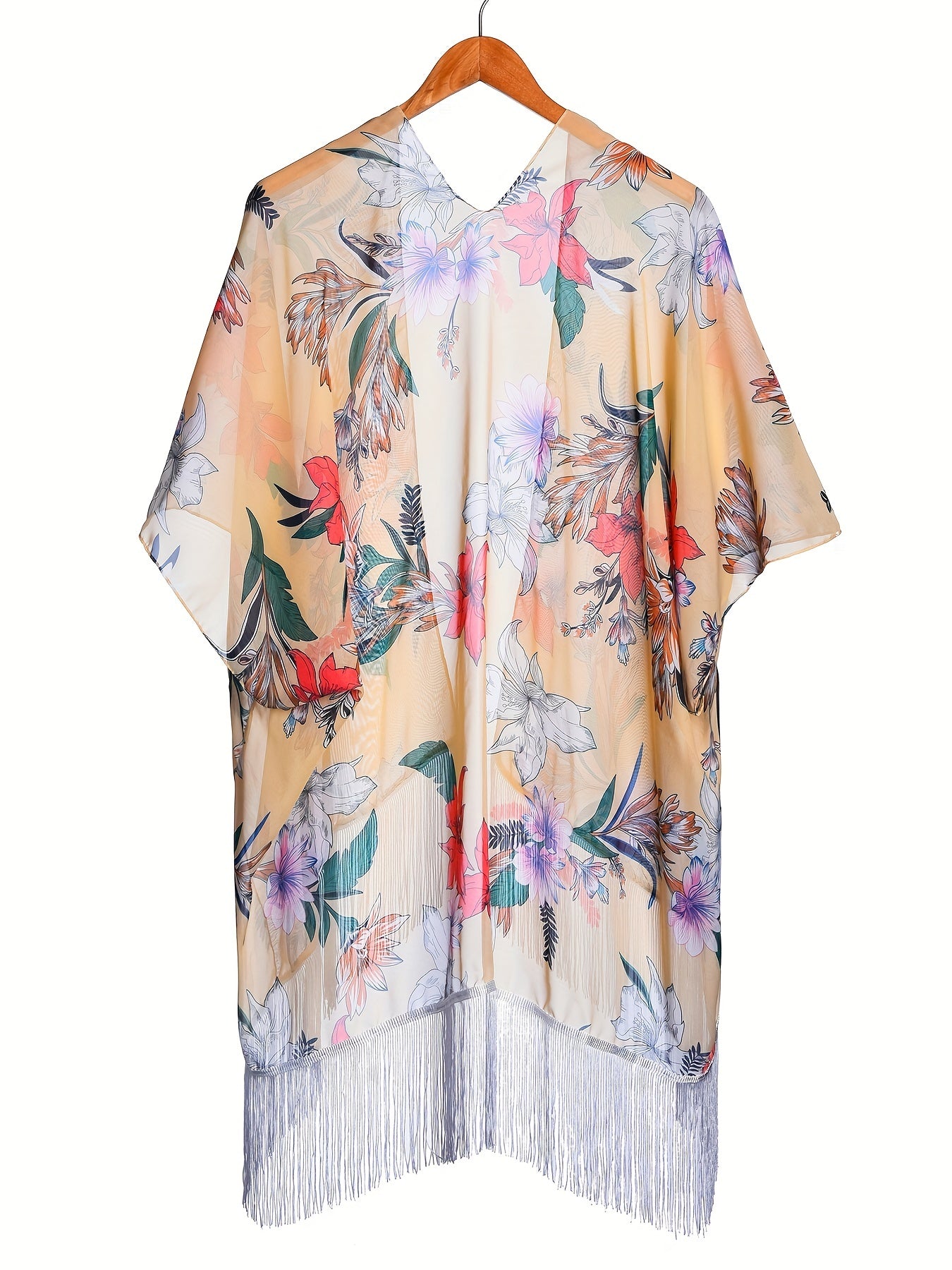  Women's Floral Print Tassel Trim Cover Up