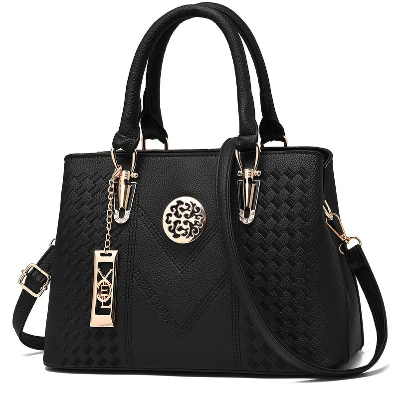 Strip Embroidery Satchel Bag Metal Decor Double Handle Bag