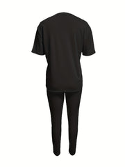 Letter Print Two piece Set Crew Neck Short Sleeve Tee & Long Length Slim Pants