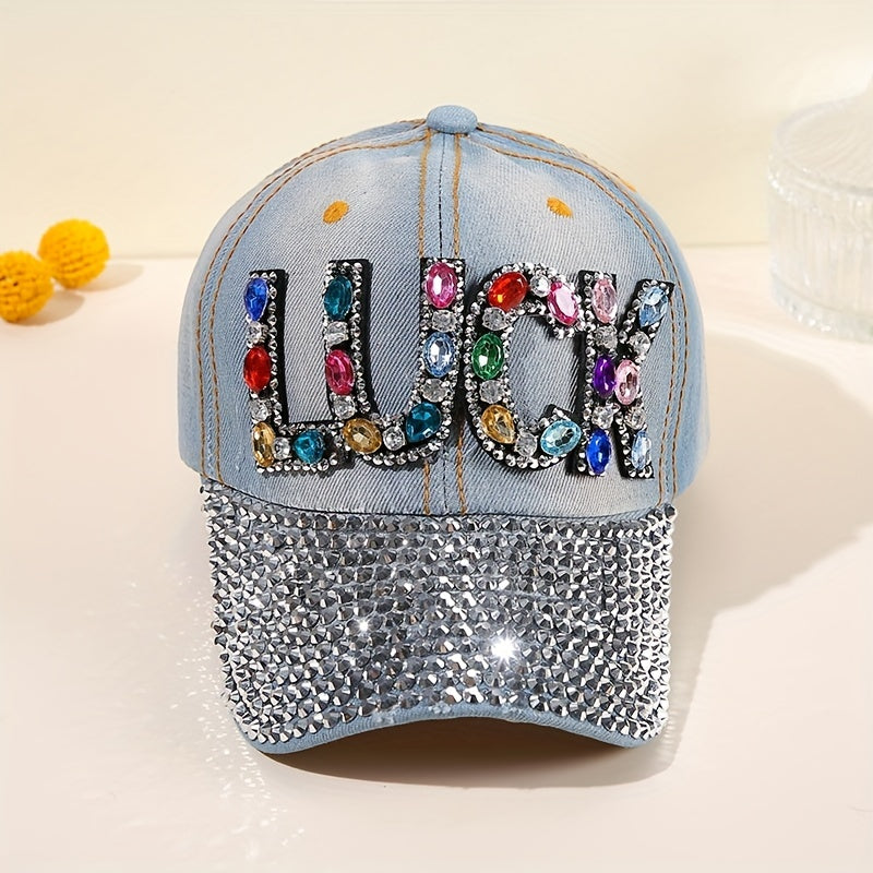 Distressed Denim Dad Hat with Rhinestone LUCK Patch