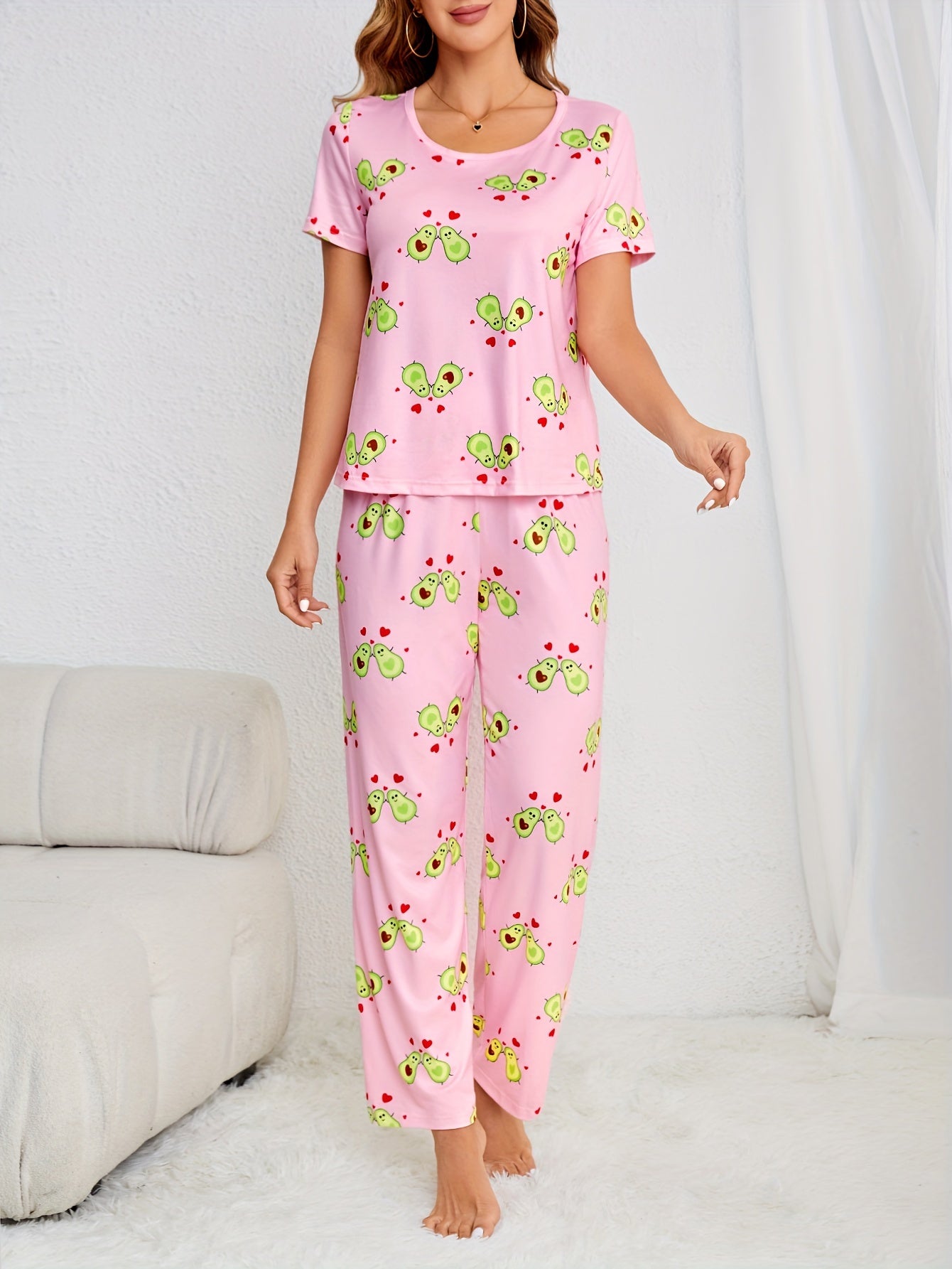Avocado Print Pajama Set Short Sleeve Top & Pants Women's Sleepwear