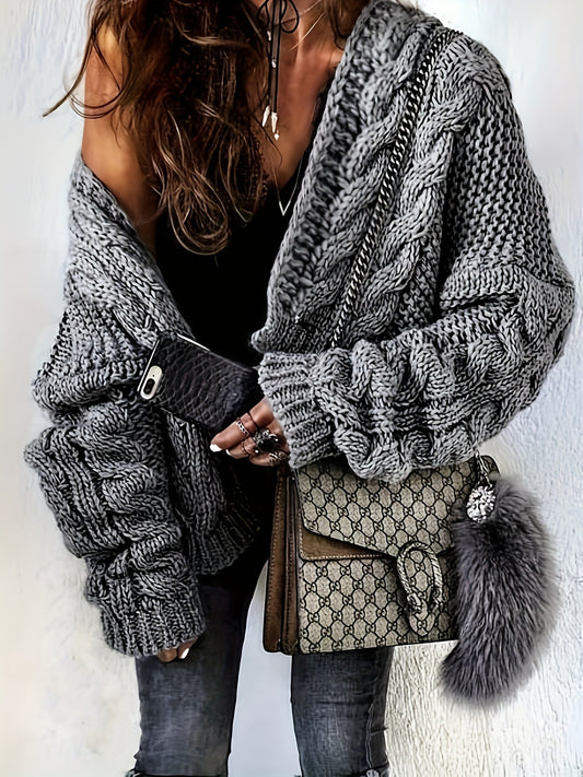  Solid Cable Knit Long Sleeve Open Front Sweater Cardigan