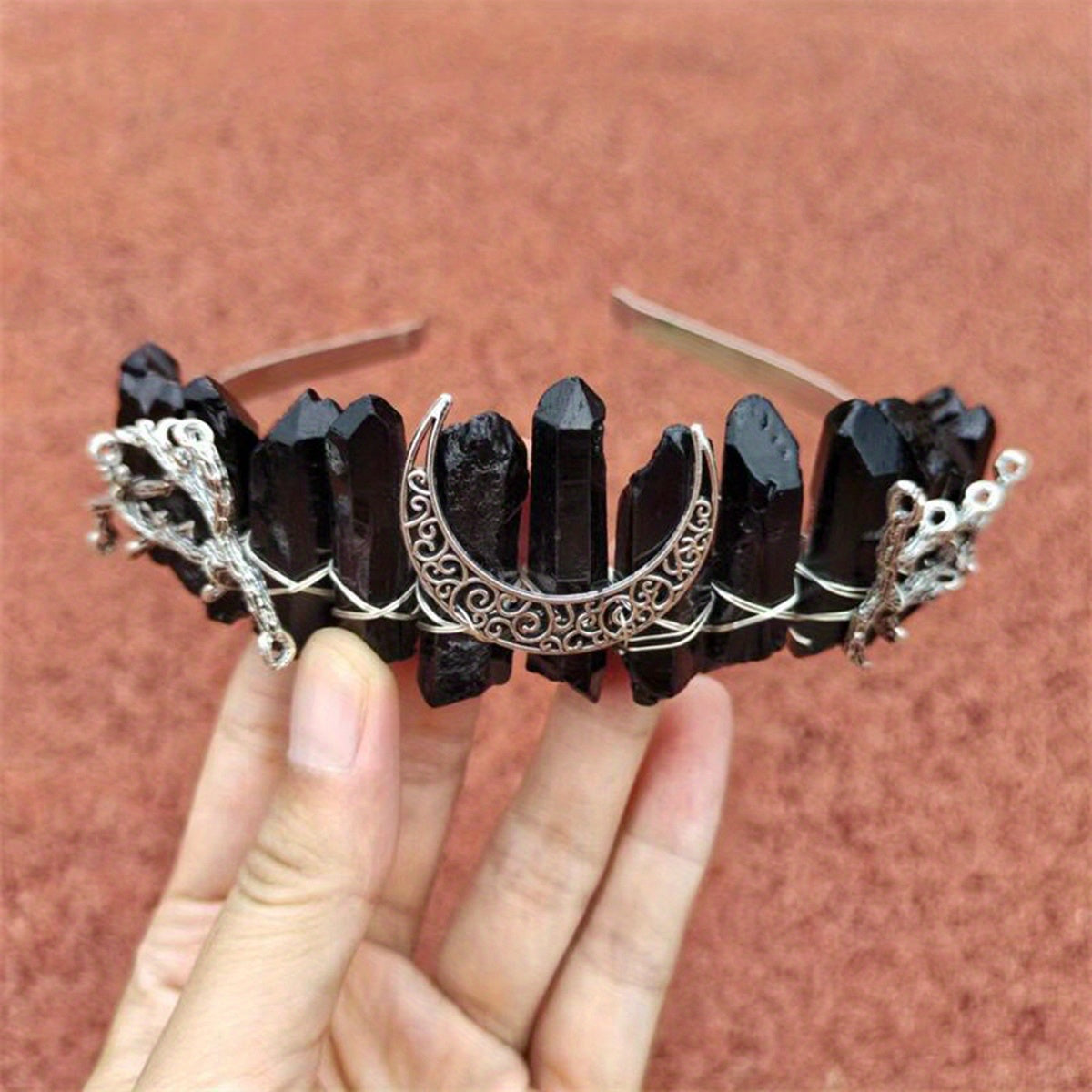 Crystal Quartz Hollow Moon Crown Tiara Headband for Women