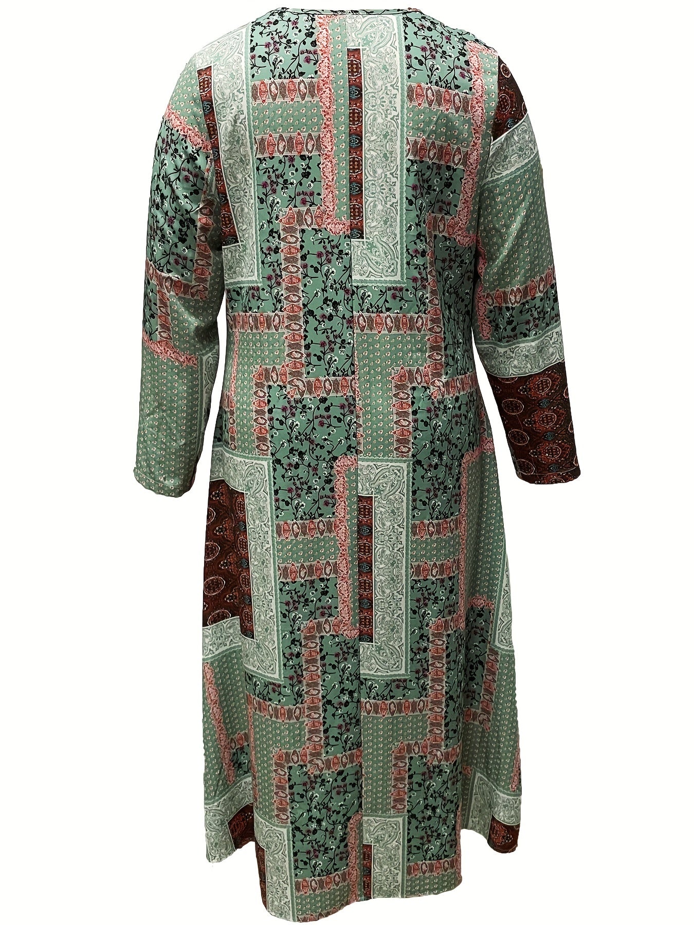 Plus Size Patchwork Print Long Sleeve Maxi Dress With Pockets