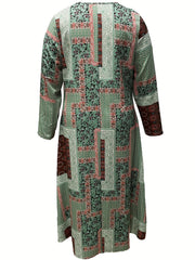 Plus Size Patchwork Print Long Sleeve Maxi Dress With Pockets