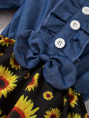 Cute Baby Girl's Denim Dress with Floral Print