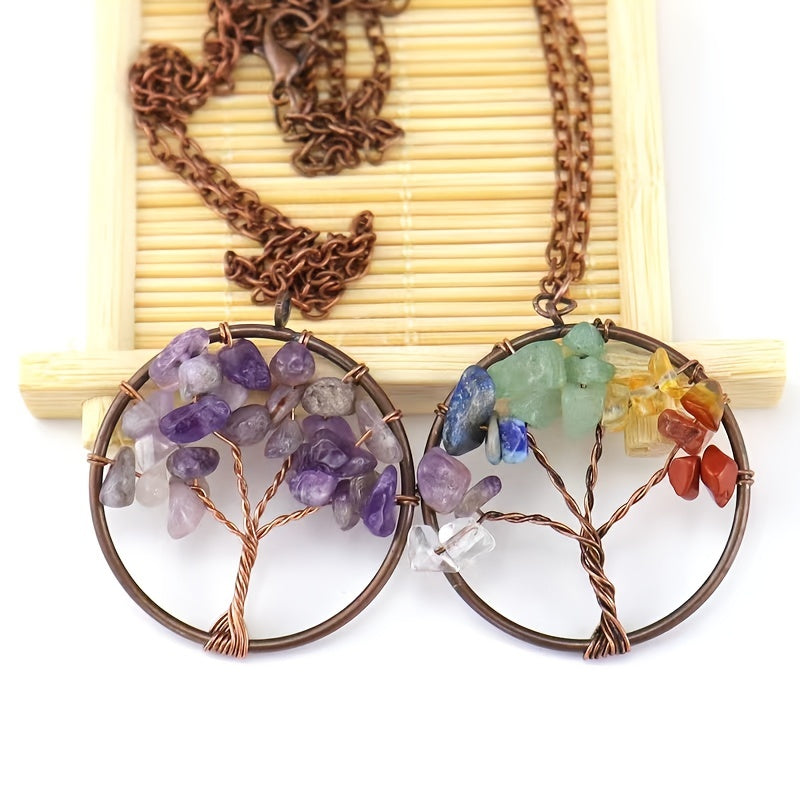 Amethyst Crystal Tree Of Life Necklace Antique Red Copper 3 5MM