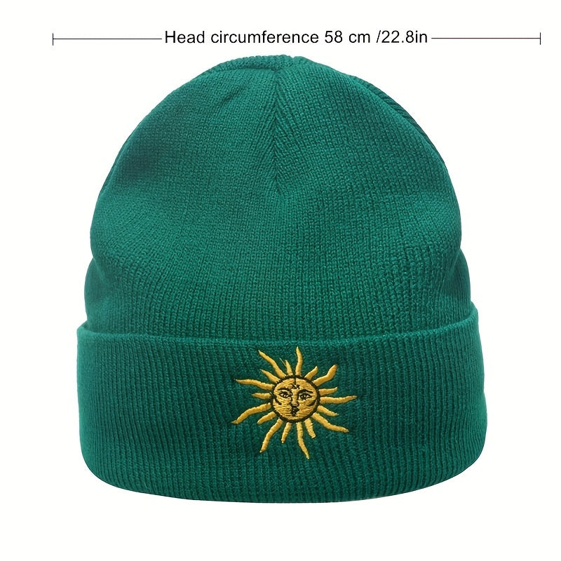 Boho Sun Embroidery Beanie Dark Green Vintage Elastic Knit Hat