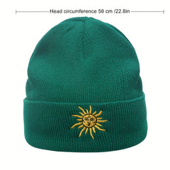 Boho Sun Embroidery Beanie Dark Green Vintage Elastic Knit Hat