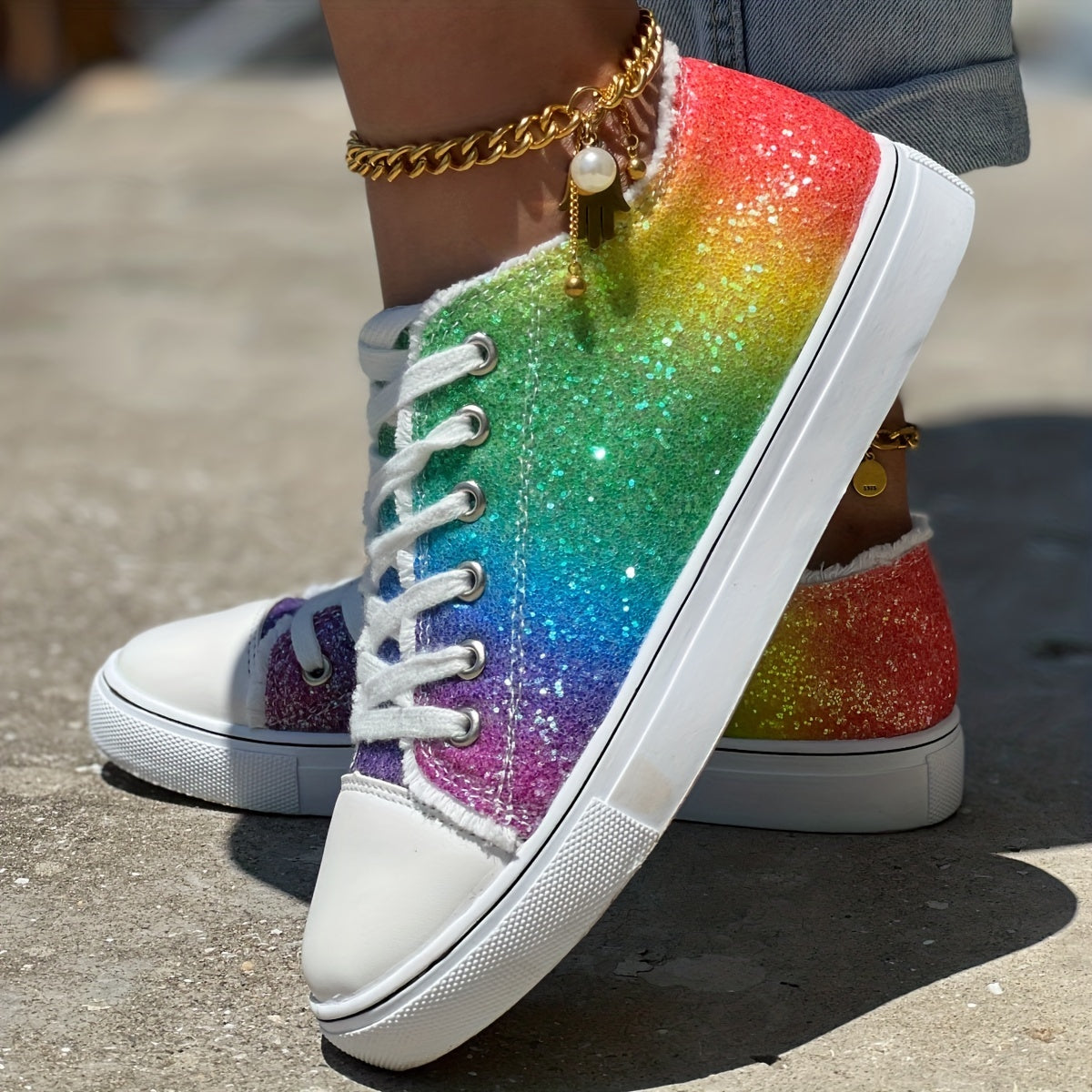 Glitter Rainbow Print Canvas Shoes Lace Up Outdoor Low Top Sneakers