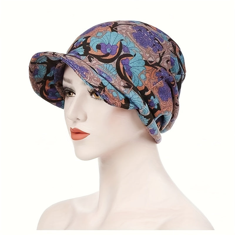 Boho Short Brim Turban Cap Vintage Printed Women Head Wrap Elastic Bandana