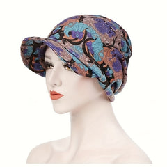Boho Short Brim Turban Cap Vintage Printed Women Head Wrap Elastic Bandana