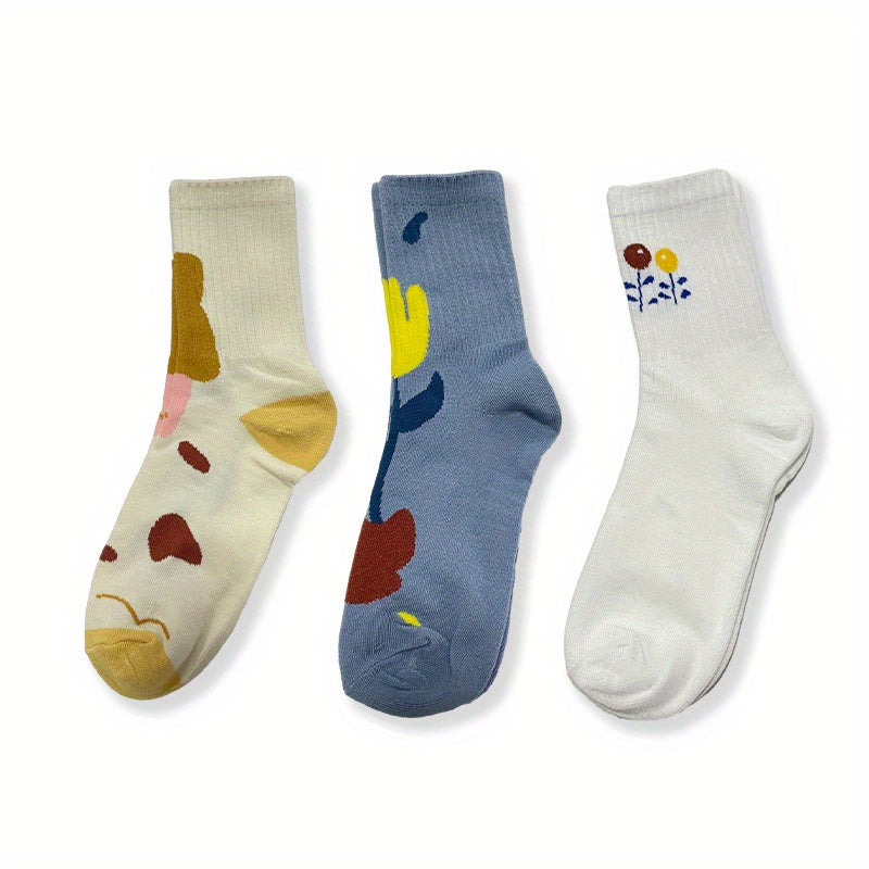 Floral Print Womens Mid Tube Stockings - 3 Pairs