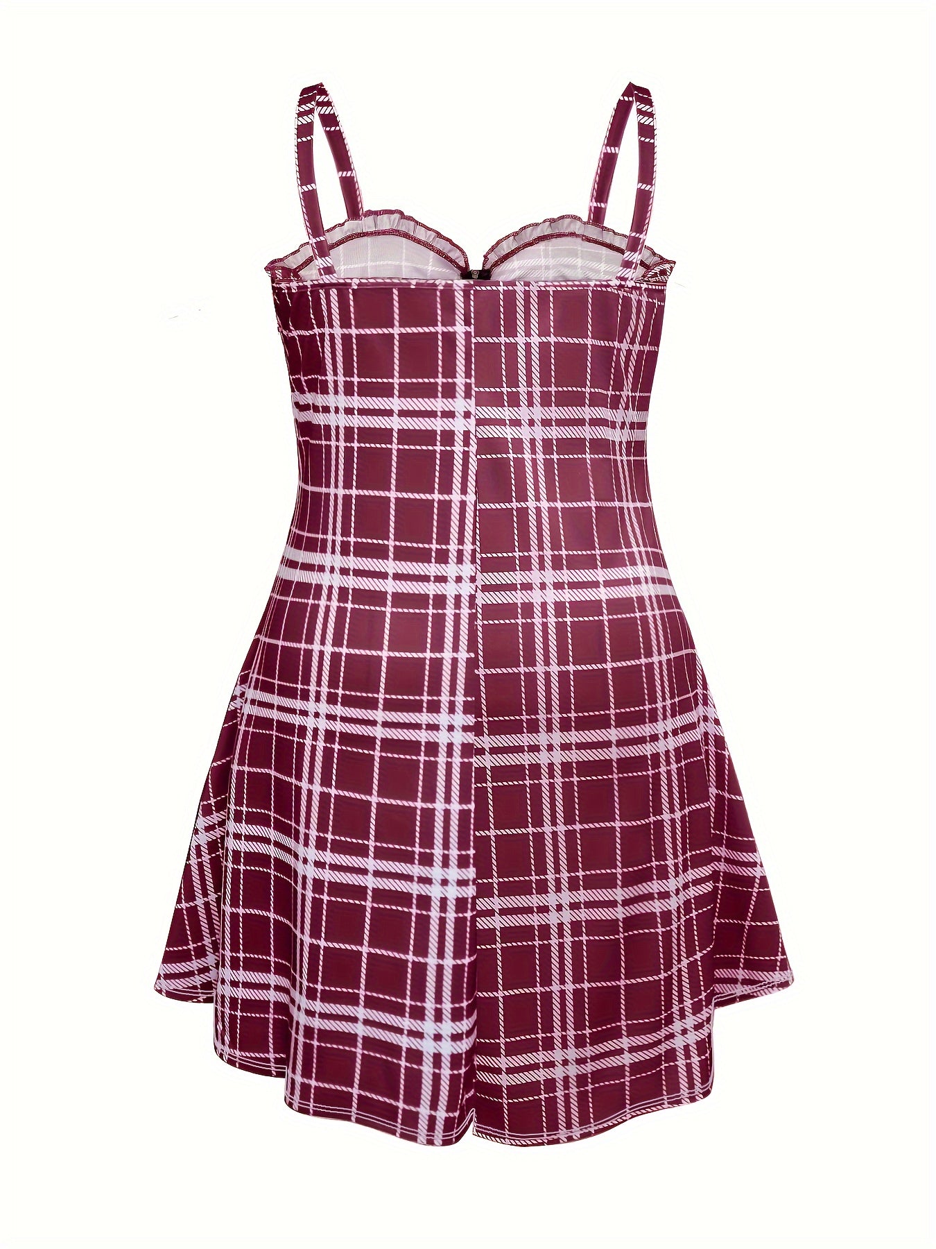  Plaid Print Zipper Lace Up Ruffle Trim V Neck Cami Dress