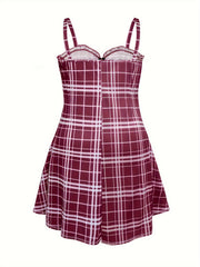  Plaid Print Zipper Lace Up Ruffle Trim V Neck Cami Dress