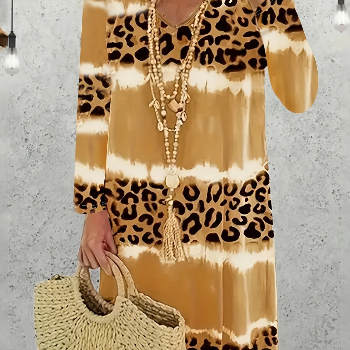  Colorblock Leopard Print V Neck Dress