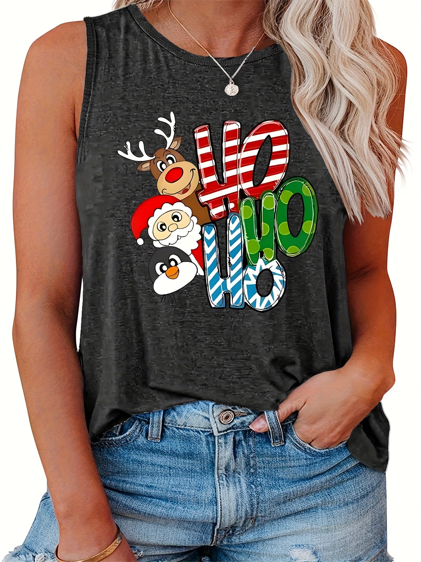  Casual Tank Top Women's Plus Solid Scoop Neck HoHo Letter Print